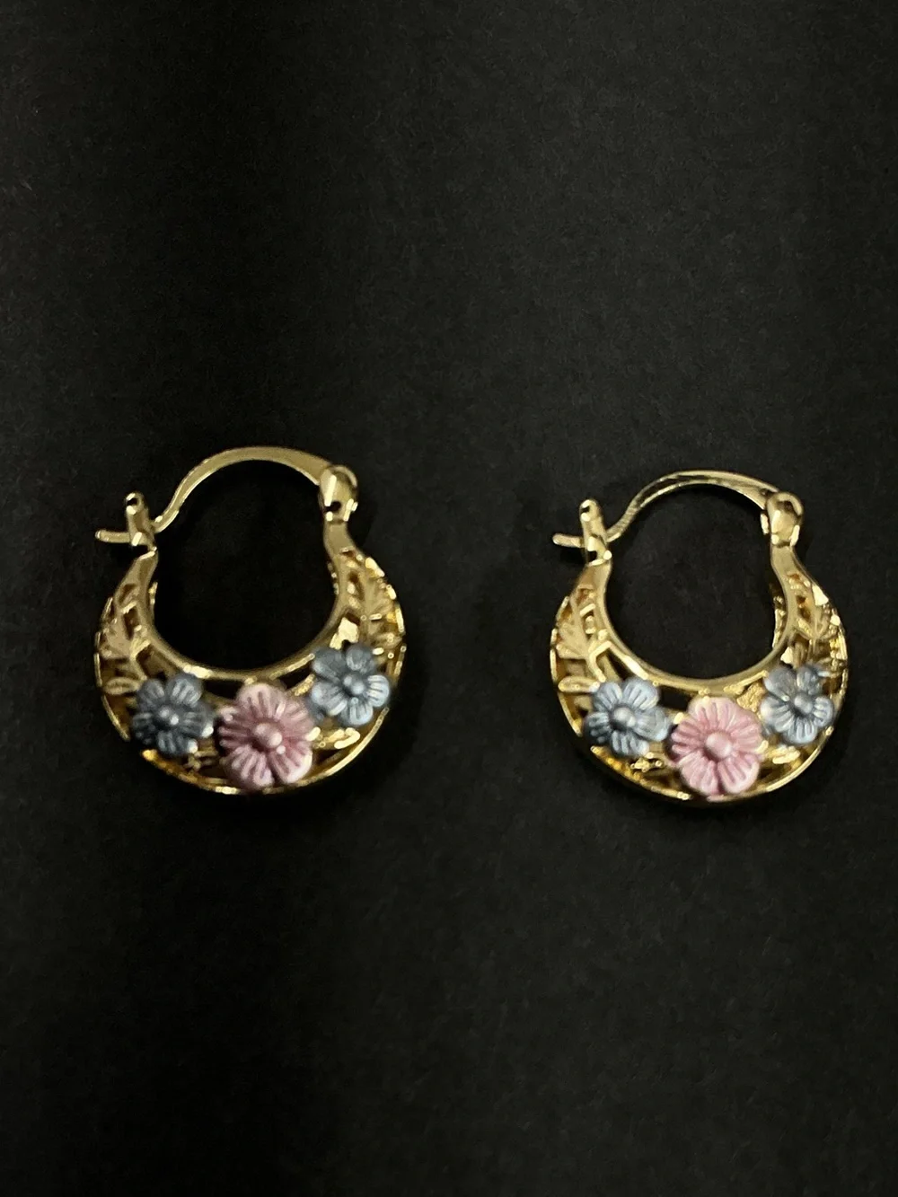 18 k. Gold filled Floral Hoop Earrings with Pink and Light Blue Enamel Flowers